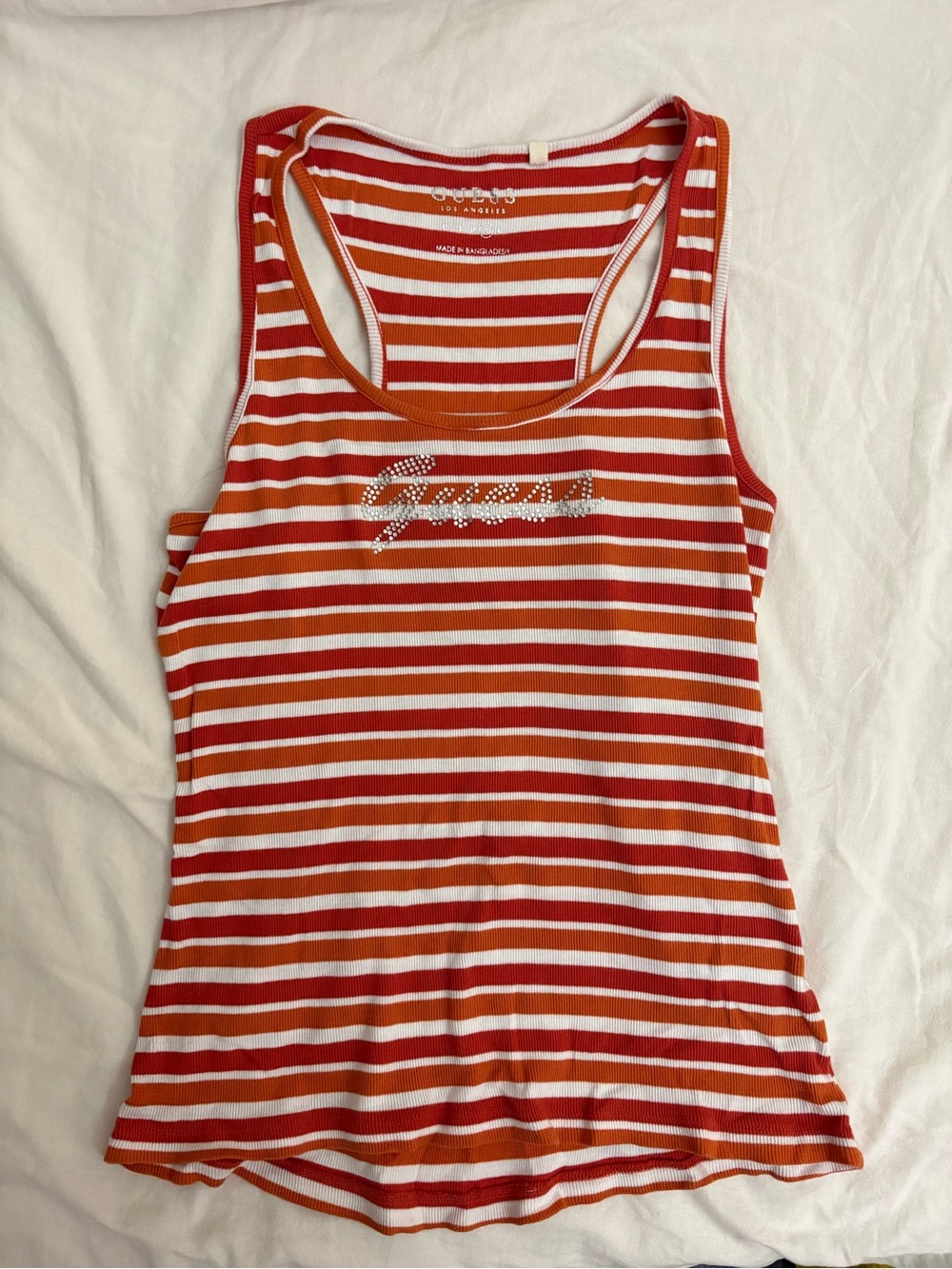 Guess Orange & White Striped Rhinestone Logo Tank Top
